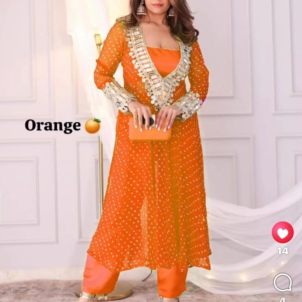 Orange 🧡Women's Indian dress with mirror deep V neck